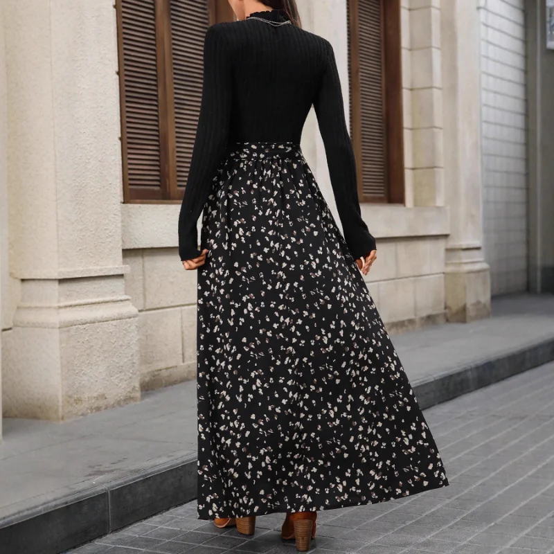 Winter nieuwe retro damesjurk met ronde hals en lange mouwen, zwart bedrukte swingjurk