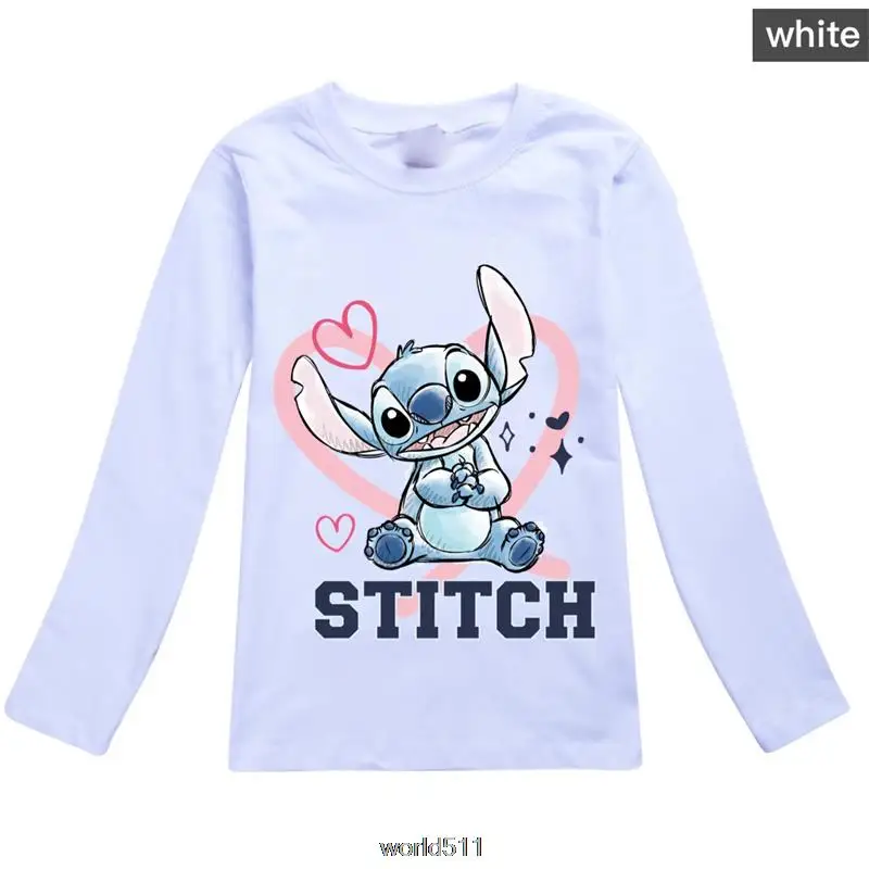 Disney Stitch Autumn Fashion Girls Long T-shirt Children Short Sleeves  Tees Baby Kids Cotton Tops For Girls Clothes 2-16Y Gift