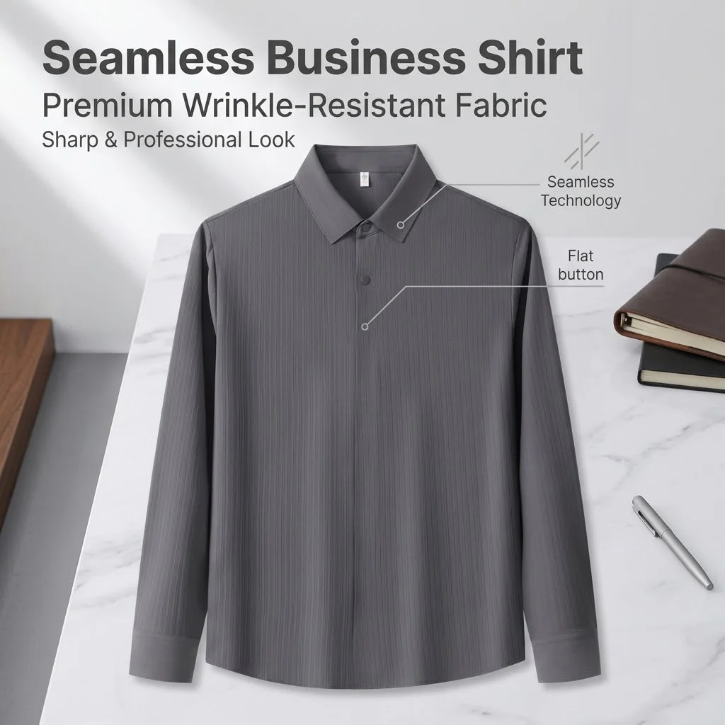 Men's Seamless Long-Sleeve Business Shirt Slim Fit Anti-Wrinkle Antibacterial Vertical Stripes Breathable Formal Office Top