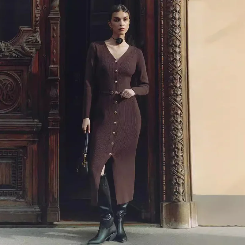 

Elegant Knitted Long Dress For Women Single Breasted Slim V-neck Full Sleeve High Street Dresses 2025 Autumn Lady Fashion Robes