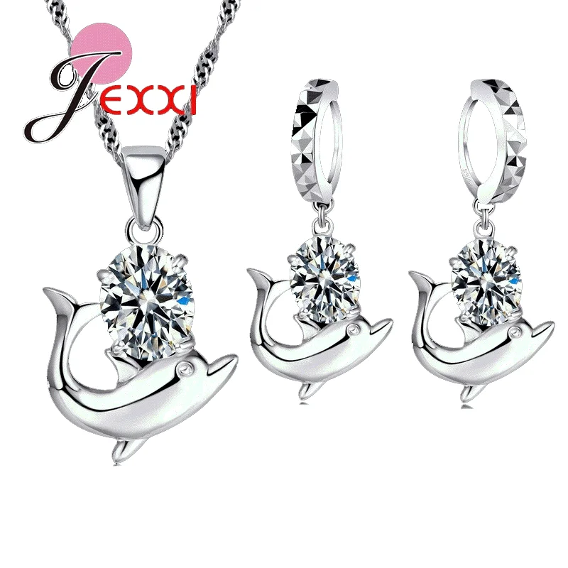 Cute Dolphin Little Girl Jewelry Sets for Women Bridal Accessory 925 Sterling Silver Necklace & Hoop Earrings  Set