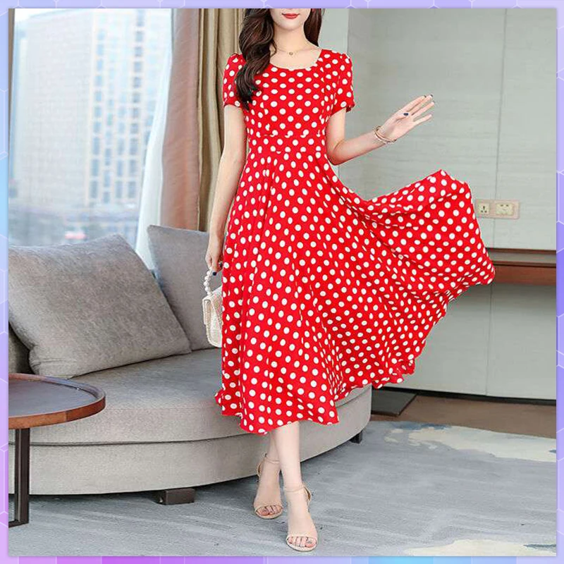 Dress Ladies Polka Dots Maxi O-Neck Slim Empire Elegant Boho Plus Size Dresses For Women 2022 Office Simple All-Match A-Line