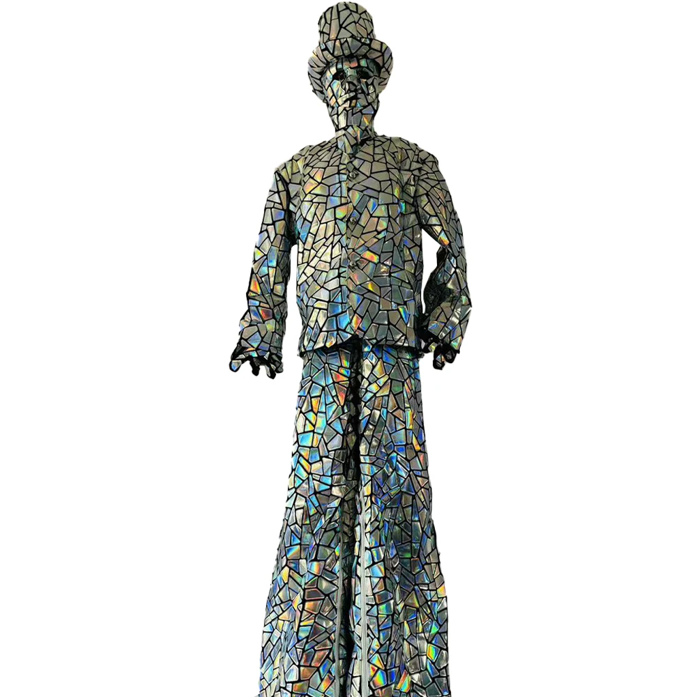 

Laser Silver Shiny Mirror Sequin Fabric Stilts Walker Suit Stage Performance Show Celebration Party Events Cosplay Costume