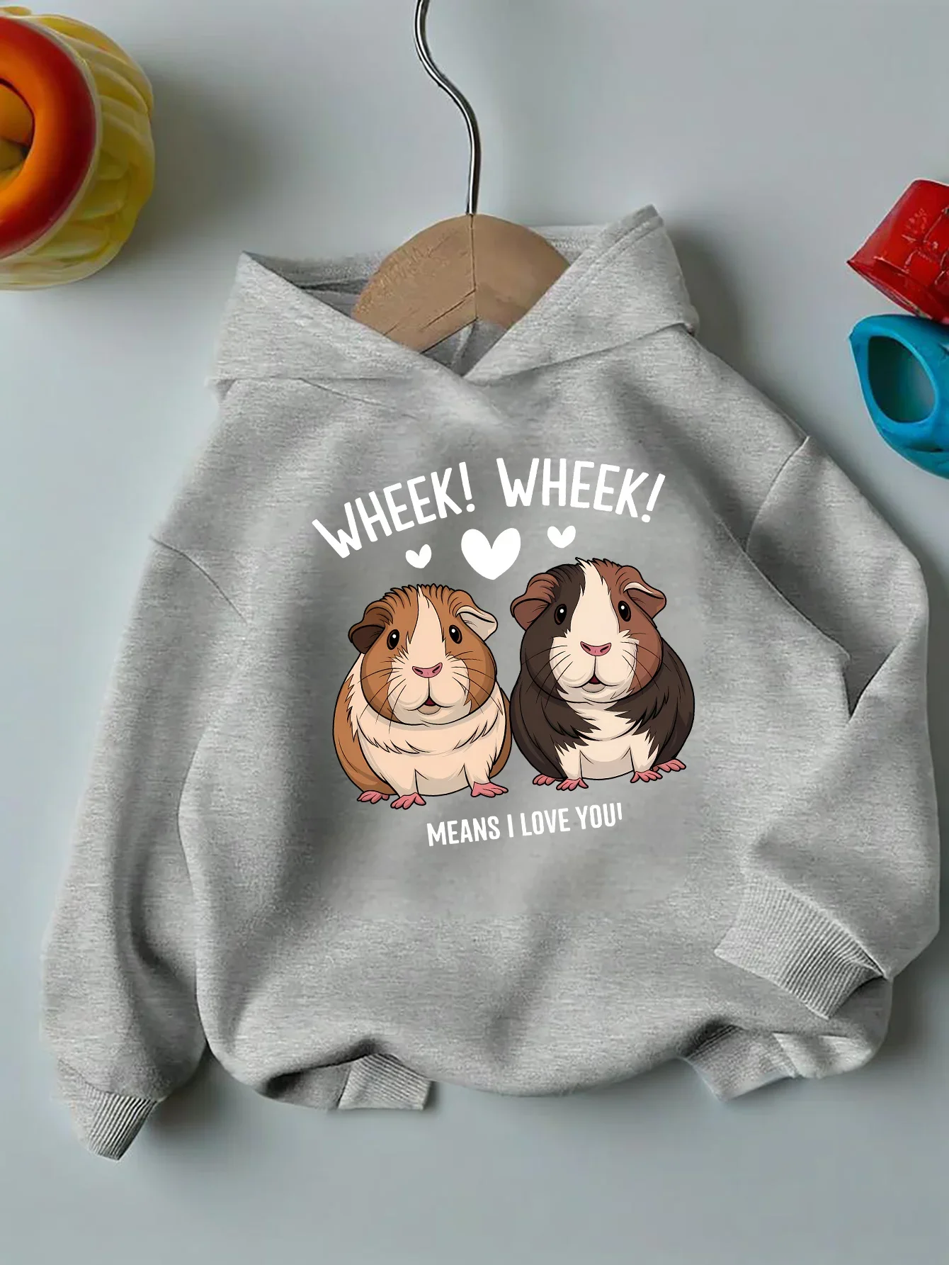 Kawaii Guinea Pig Kids Hoodie Two Cute Pet Hearts Chest‑side Graphic Autumn Winter Fleece Warm Streetwear Hooded Sweatshirt
