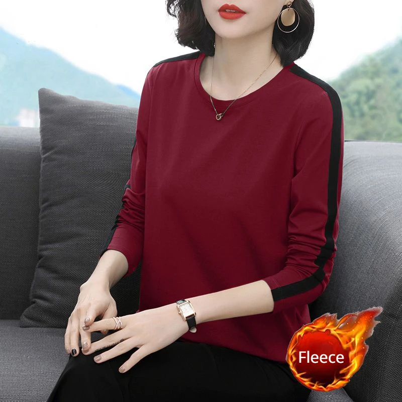 Long Sleeve Tees Shirt Women Fleece Thicken Plus Size Tops Casual Female Clothing Ladies Loose Round Collar Pullover Fall New