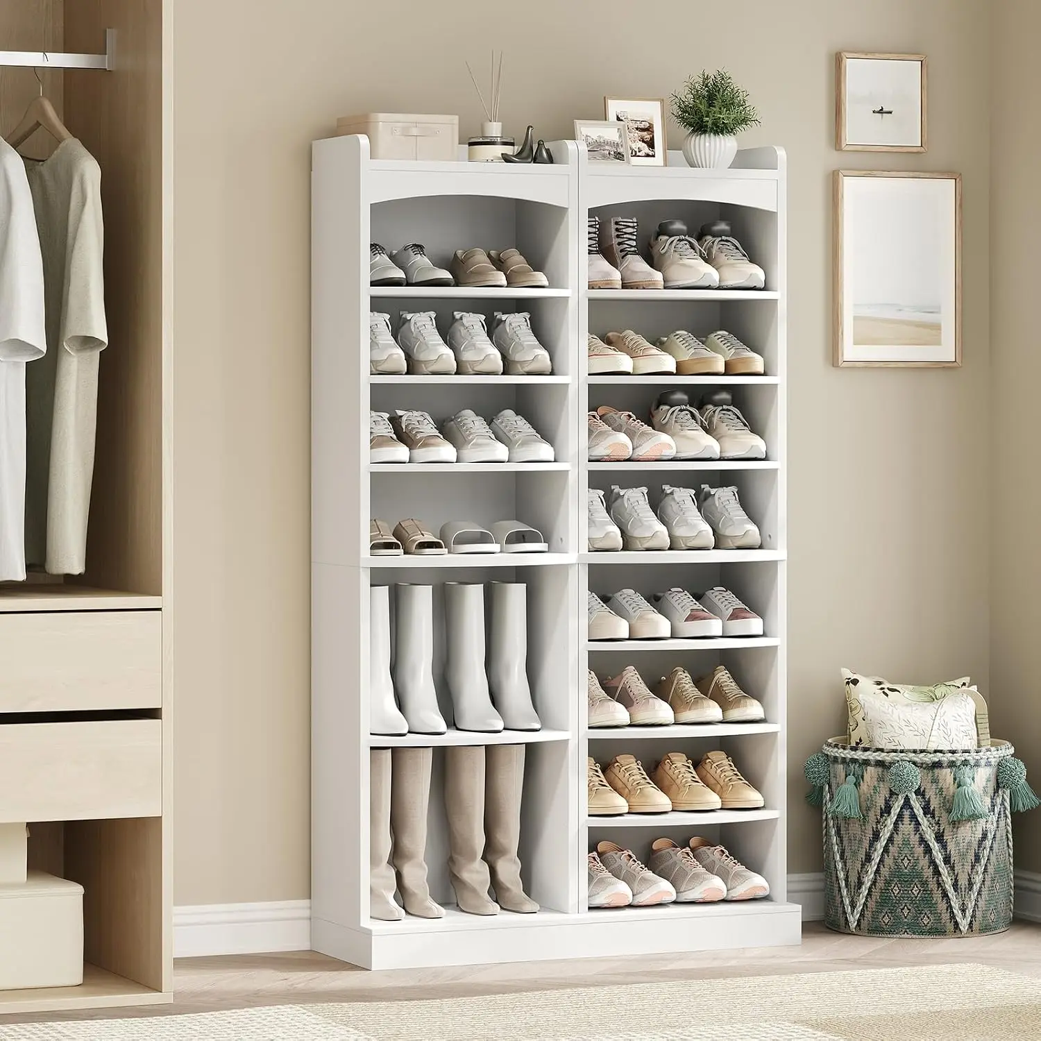 Tall 9-Tier Wooden Shoe Rack Organizer, Narrow Shoe Cabinet with Removable Shelves for Small Spaces, Holds 18 Pairs, White Shoe Storage for Entryway and Hallway