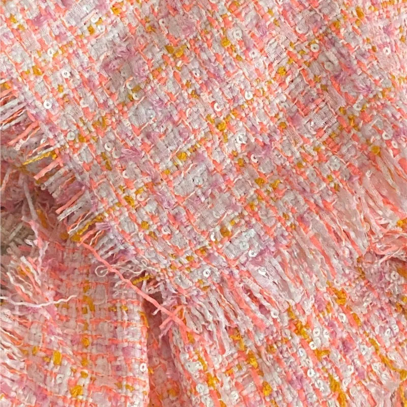 Orange pink plaid sequin tweed fabric Wide 100cm x 150cm ladies tweed fabric  Vintage Coarse Tweed Diy Coat Suit