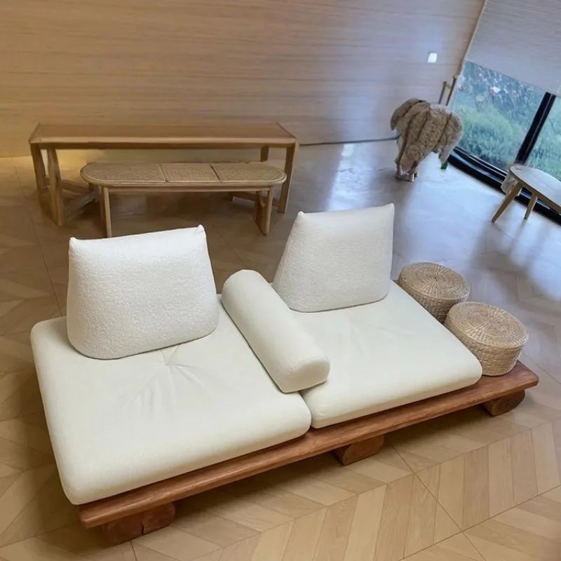 Wabi-sabi wind living room is all solid wood, straight row double triple leisure log sofa, homestay hotel home sofa