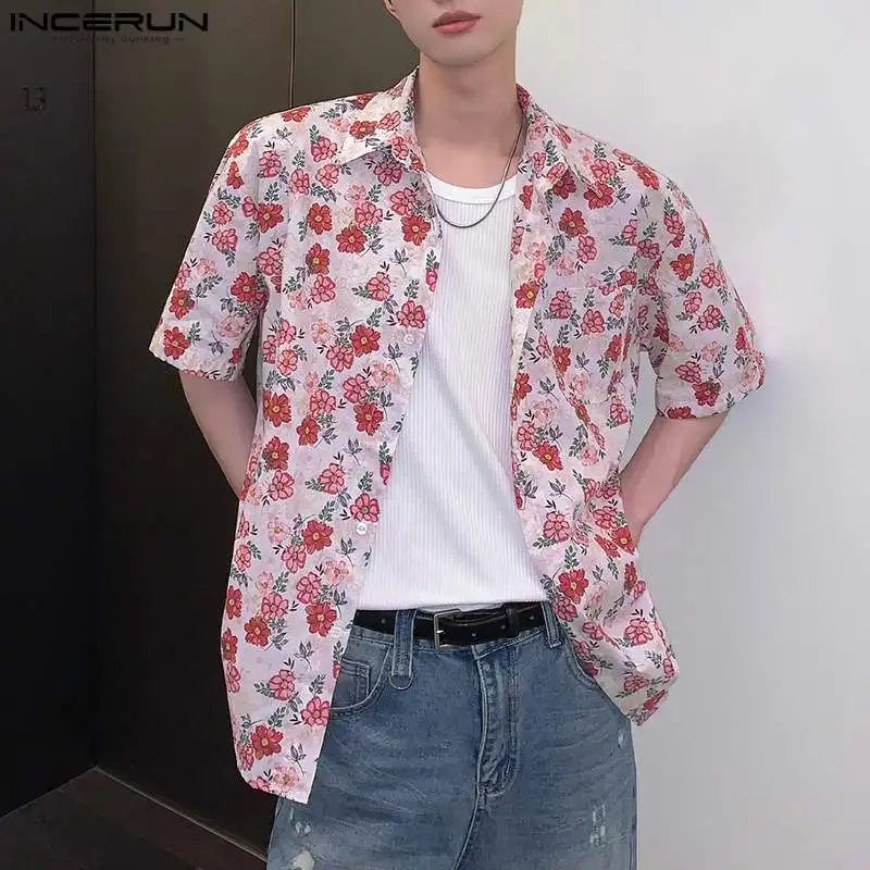 

INCERUN Tops 2024 Korean Style Handsome Mens Personality Flower Print Shirts Summer Casual Streetwear Short Sleeved Blouse S-5XL