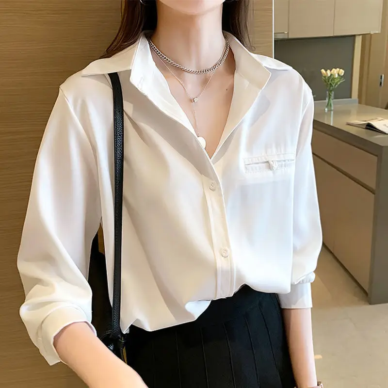 White Shirt for Women Spring Autumn New Large-size Design Top Loose Satin Base Shirt