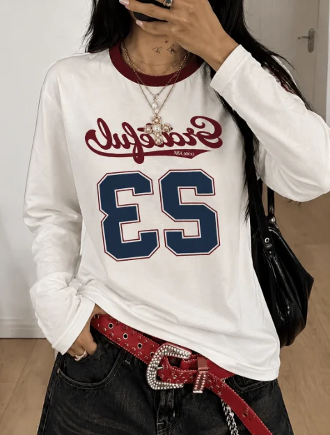Women Vintage Grateful 23 Graphic Long Sleeve T Shirt Y2K Baseball Letter Print Crew Neck Casual Retro Streetwear Tops