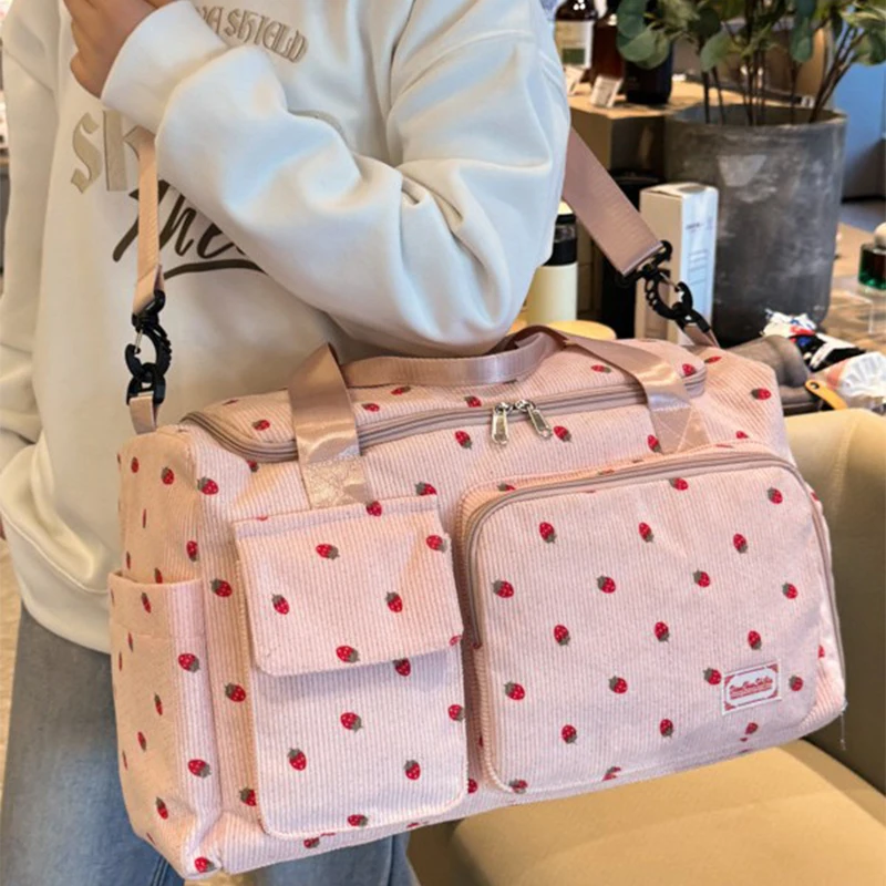 Strawberry Travel Bag Large Capacity Corduroy Luggage Bag Lightweight Crossbody Bag Multifunctional Sports Fitness Bag Handbag