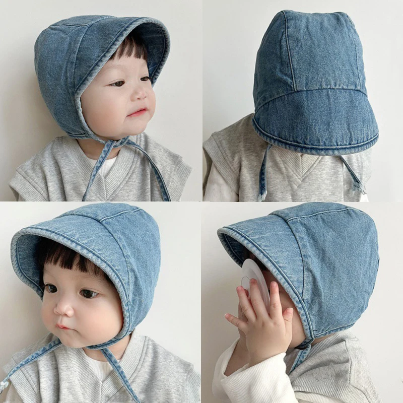 

Blue Denim Baby Ear Protection Hats 5-24M Boys Girls Lace-up Beanies Fashion Kids Cowboy Hat Children Headgear Sunshade Visors