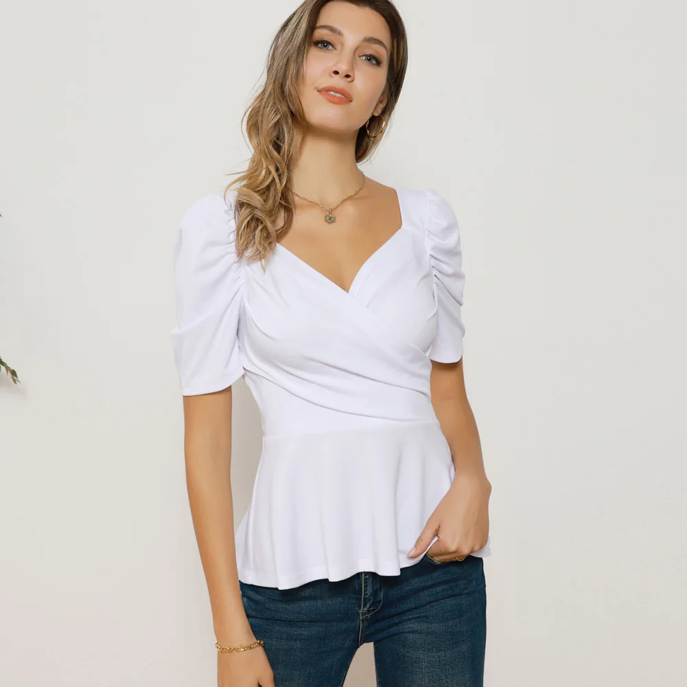 GK Women V-Neck Tops Puffed Short Sleeve Defined Waist A-Line Tops V Neck Ruffle Hem Peplum Blouse Summer Shirt Clothes A30