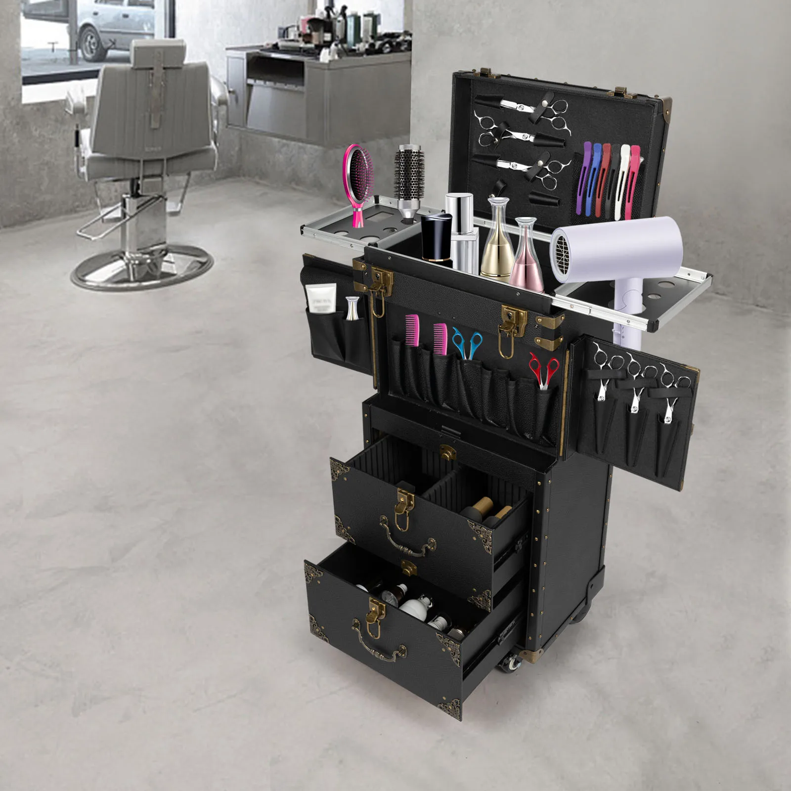 Chariot roulant pour salon de beauté, armoire verrouillable avec 4 roues, noir