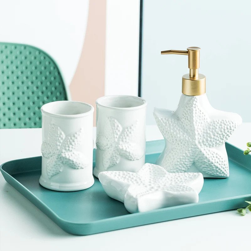 Starfish Shell Shape Bathroom Accessories Kit White Ceramics Soap Dish Liquid Dispenser Shower Gel Bottle Bathing Set Bathroom P