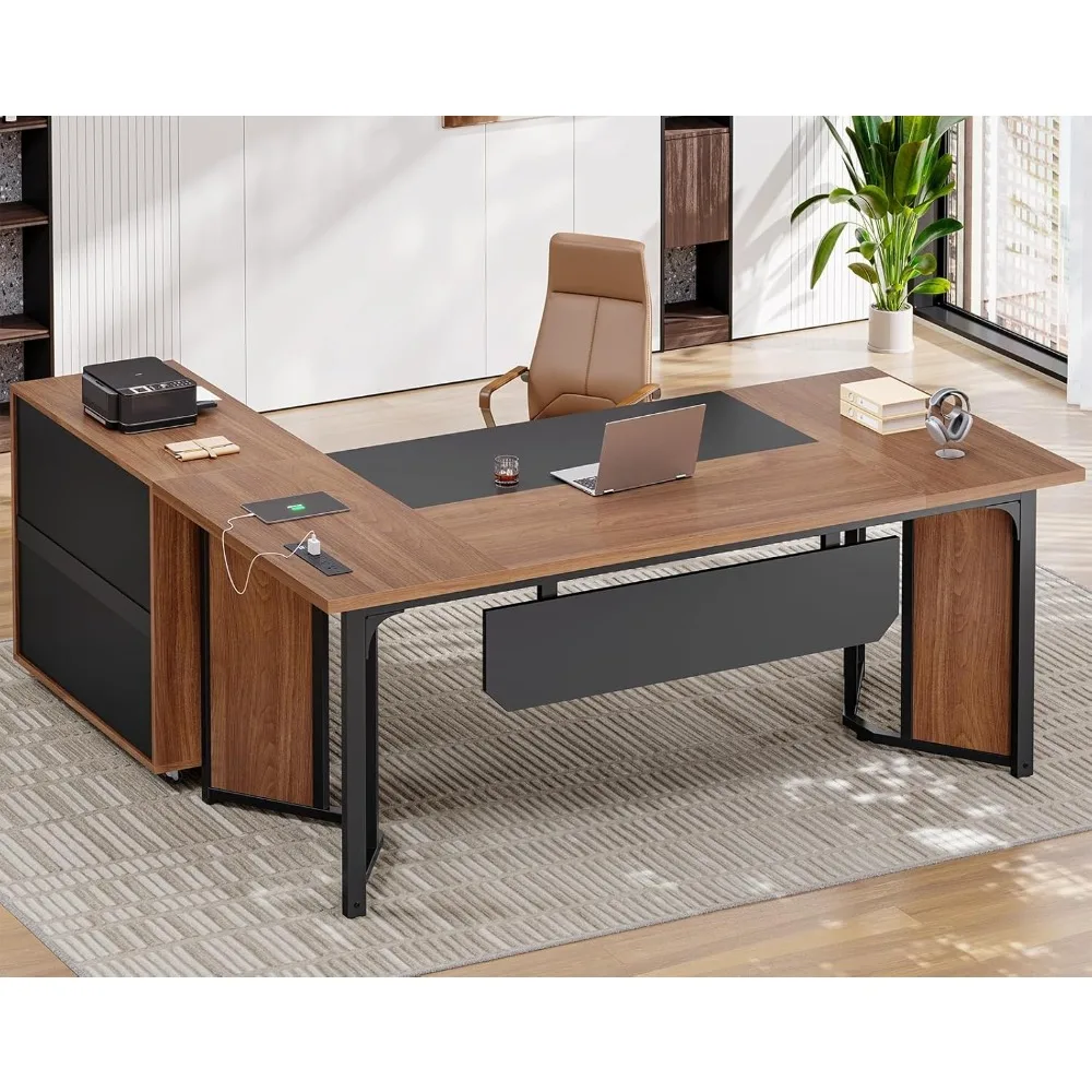 

63" Executive Desk with Mobile File Cabinet, Large Office Desk with Drawer, with Power Outlets, Modern L Shaped Desk