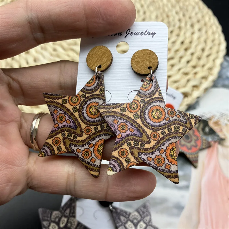 Mode Vintage bemalt große Holz Ohrringe ethnische übertriebene Muster geometrische Aussage Tropfen Ohrringe Urlaub Party Schmuck – Detail 32