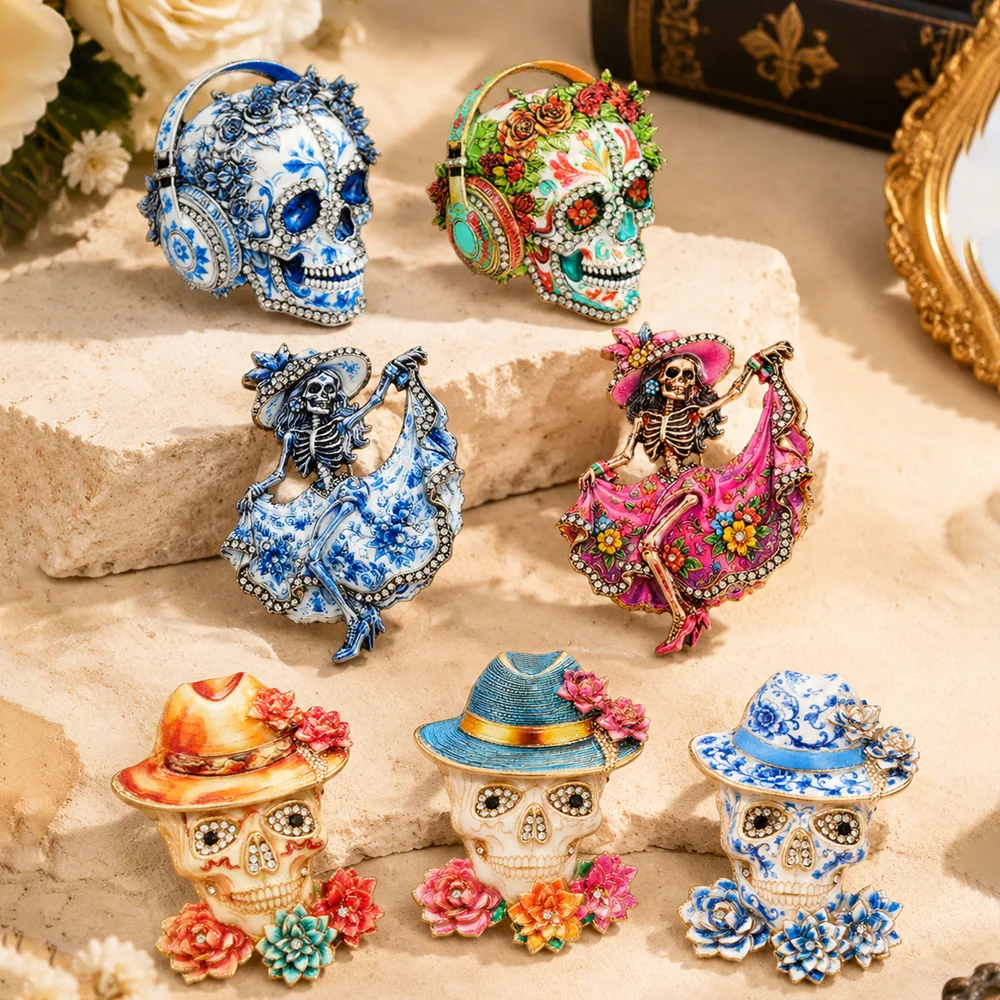 Sugar Skull Brooch with Headphone Rhinestone Enamel Pin Mexican Day of Dead Floral Skeleton Badge Halloween Jewelry