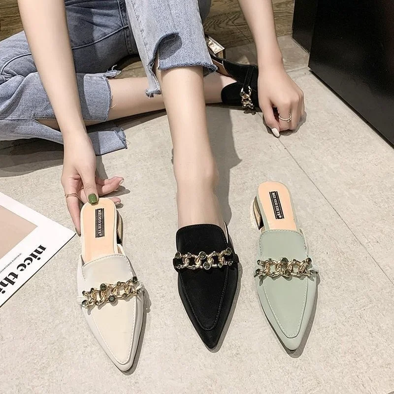 Maogu Luxury Slides Square Toe Ladies Shoes Summer Fashion Footwear Square Low Heels Shoe Slides Slippers Women 2023 Chain Mules