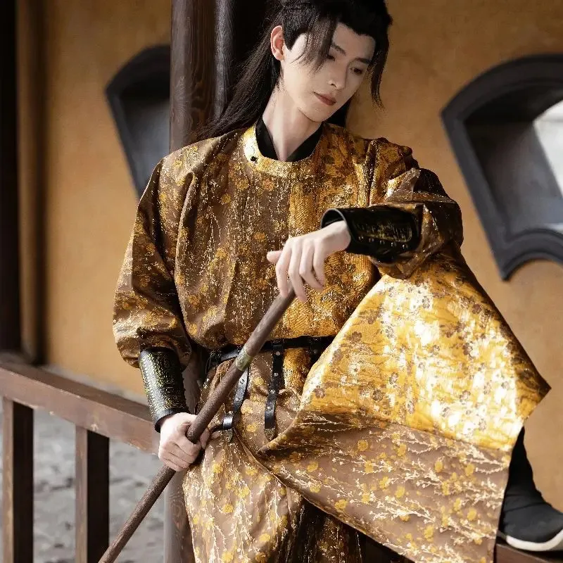 Winter Hanfu Men Leather Coat With Golden Robe Chinese Vintage Hanfu Carnival Cosplay Costume Tang Suit Hanfu Plus Size XL