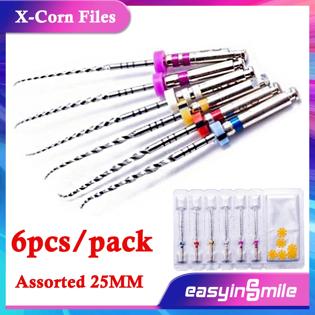 EASYINSMILE 6 Buah Kikir Putar NITI Endodontik Gigi Kikir Saluran Akar X-corn 25Mm Berkas Endo Berbagai Macam Penggunaan Mesin