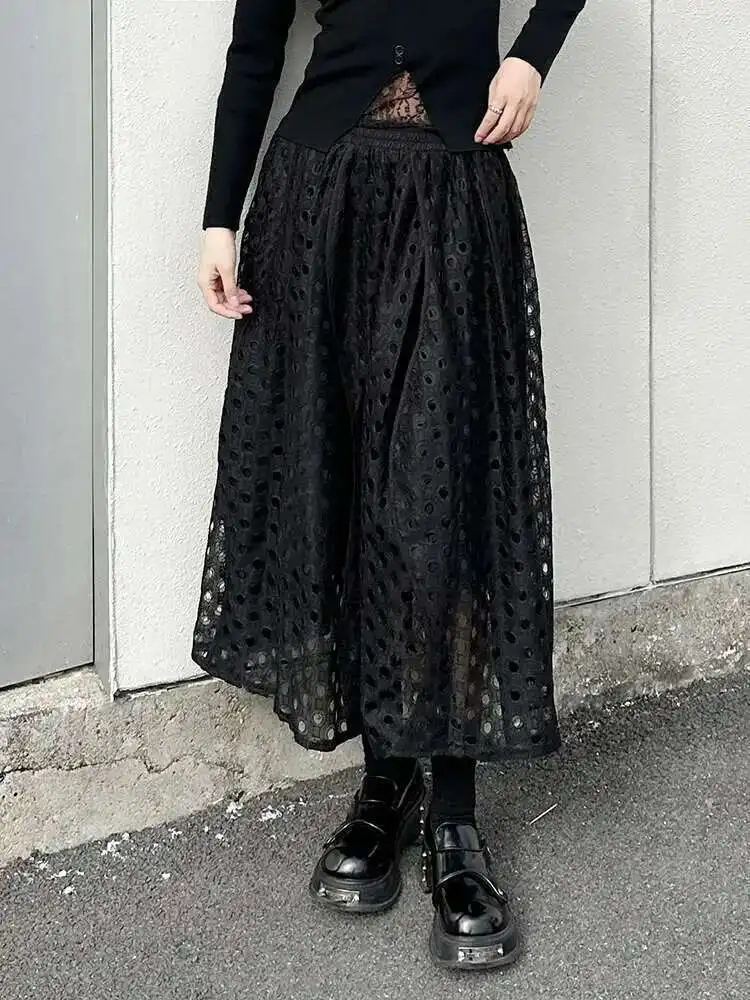 High Elastic Waist Black Lace Hollow Out A-line Elegant Half-body Skirt Women Fashion Tide New Spring Autumn