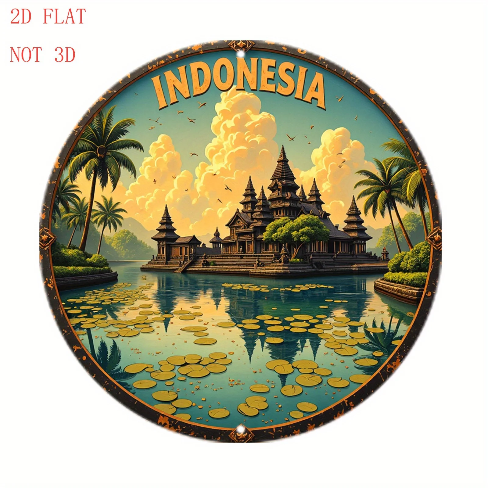 2D Flat - 2D Plane - 1pc 8-Inch Wall Art, Featuring a 2D Plane Design, Depicting an Indonesian Island Temple, Showcasing Vibrant