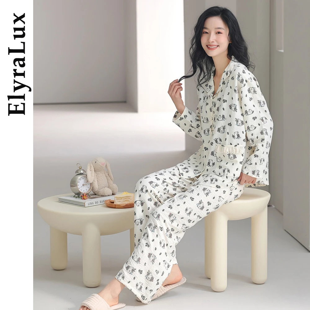 

ElyraLux Cute Rabbit Autumn Pajamas Women's Two-piece Set Cloud Cotton Long Sleeve Long Pants Home Clothes Comfortable Sleepwear