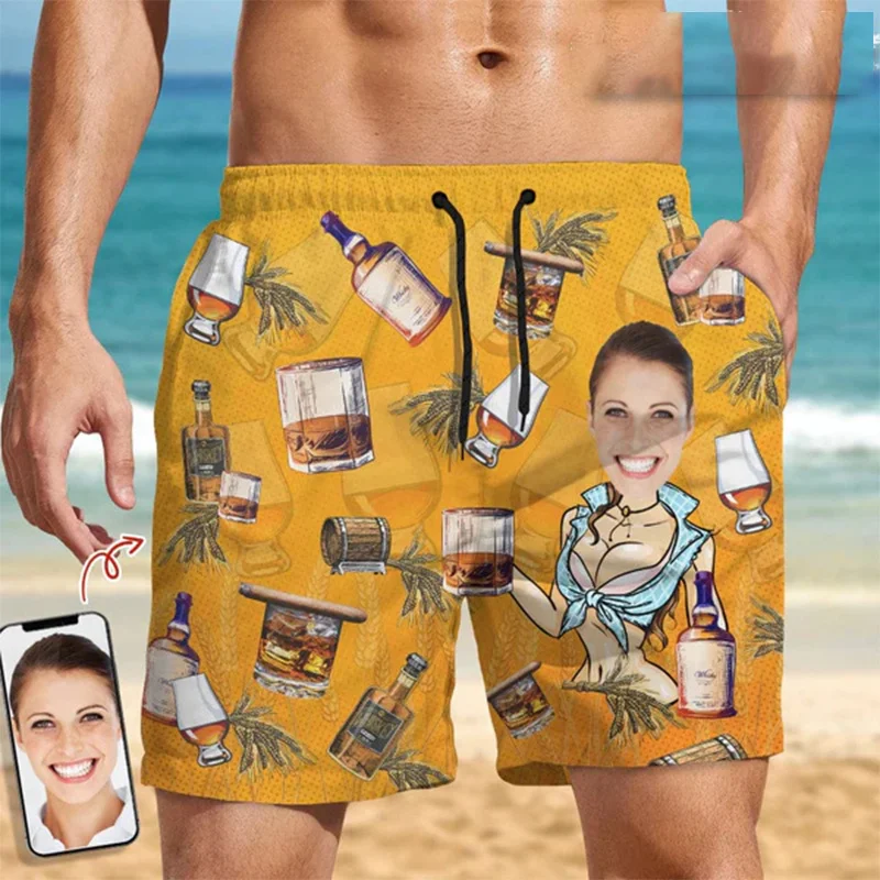 Summer Hawaiian 3D Custom Face Print Beach Shorts Men Fashion Streetwear Board Shorts Funny Beer Day Swimming Shorts Women Pants