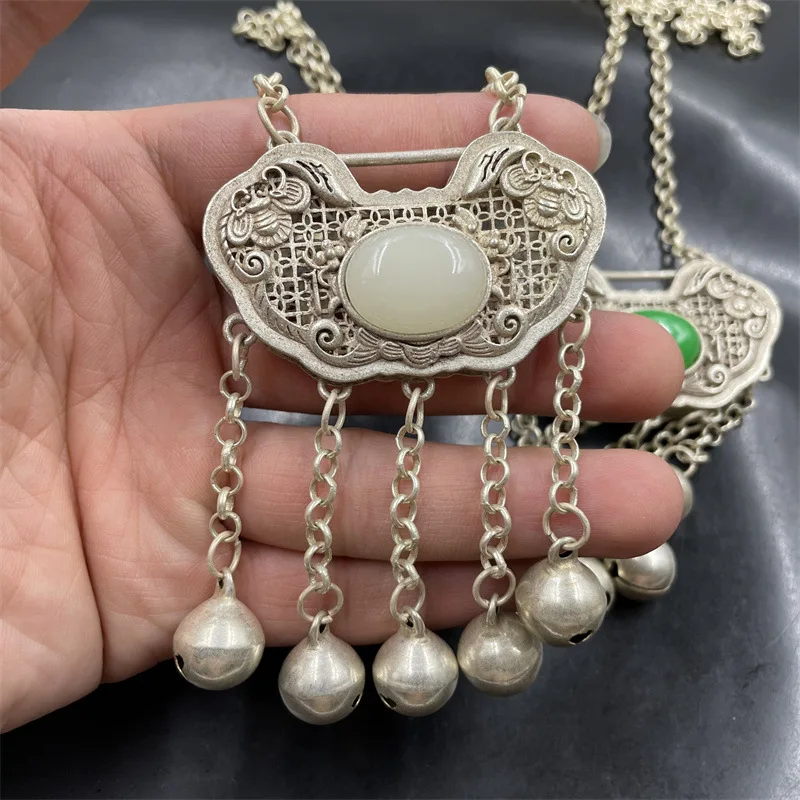 Style Retro Tibetan Silver Inlaid Imitation White Green Jade Lock Pendant Fashion Versatile