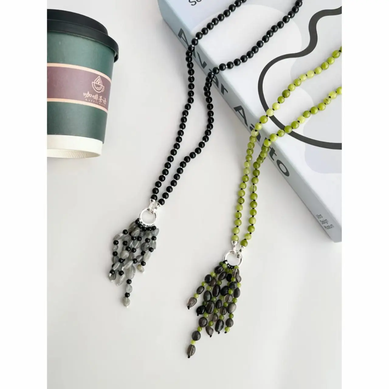 Withered Tassel Pendant Long Style Blue Striped Bead Necklace Women's Sparkling Stone Sweater Chain