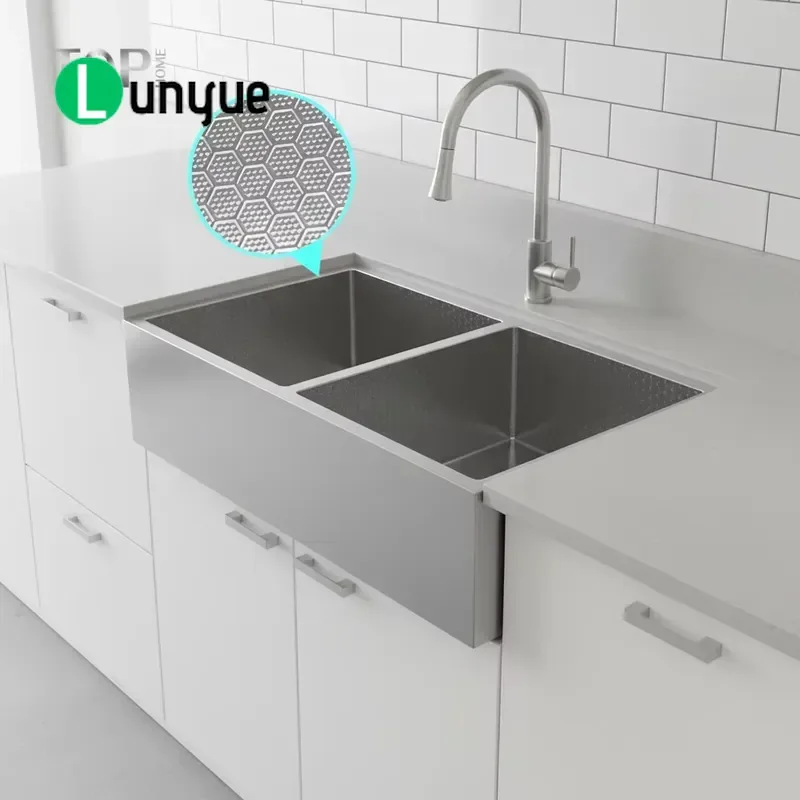 Handmade Honeycomb 33 Inch Brushed Stainless Steel Farmhouse Apron Front Double Bowl Kitchen Sink Ultra Deep Basin Recessed