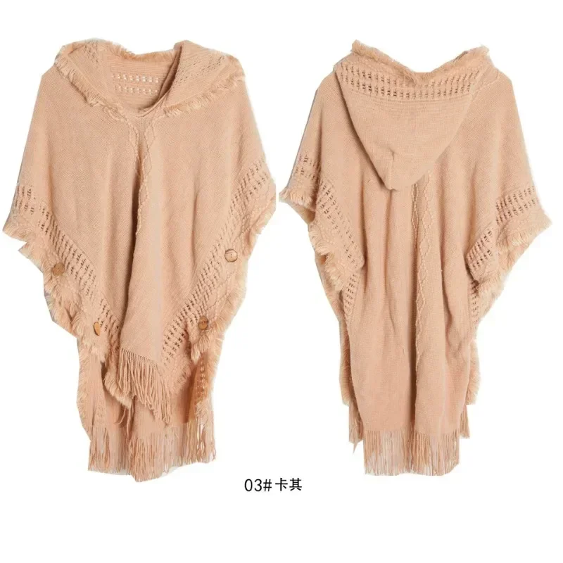 Spring and Autumn Women Button Shawl Bohemian Tassel Sweater Knit Sweater Pullover Hooded Cape