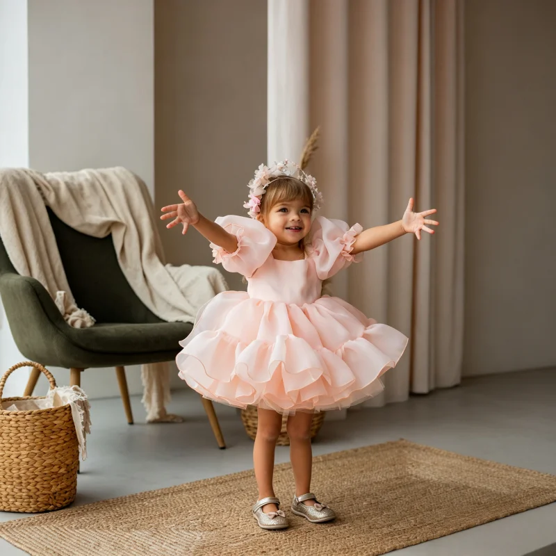 Peach Tutu Puffy Flower Girl Dress, First Baby Birthday Party Dress, Princess Pageant Prom Toddler Special Occasion Gown