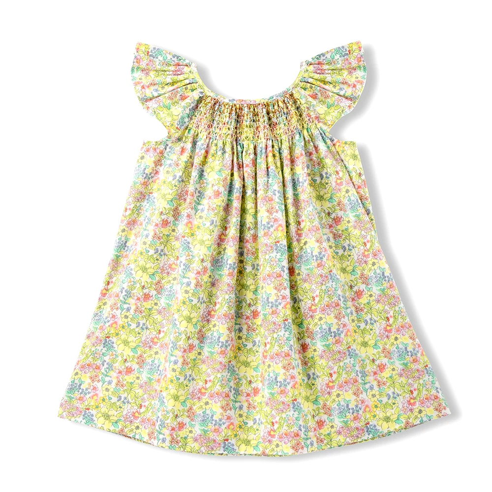 Blumen-Sommerkleid für Mädchen im Alter von 1, 2, 3, 4, 5, 6 Jahren, Smockdesign mit fliegenden Ärmeln, für Babys und Kleinkinder, tägliche süße Kleidung – Detail 2