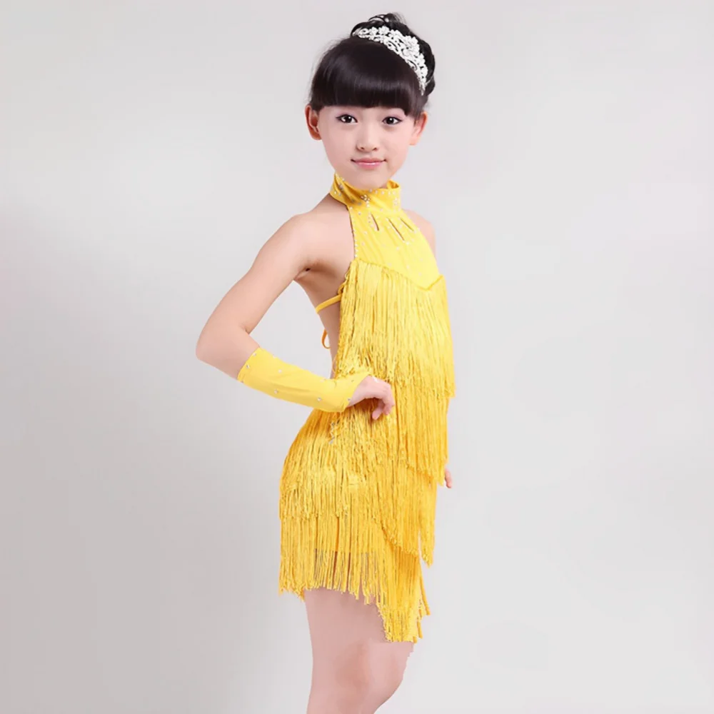 Girls Latin Dance Dress Solid Sleeveless Latin Dance Dress Cha Cha Dress Kids Tango Skirt Carnival Wear Child Teen Stage Costume