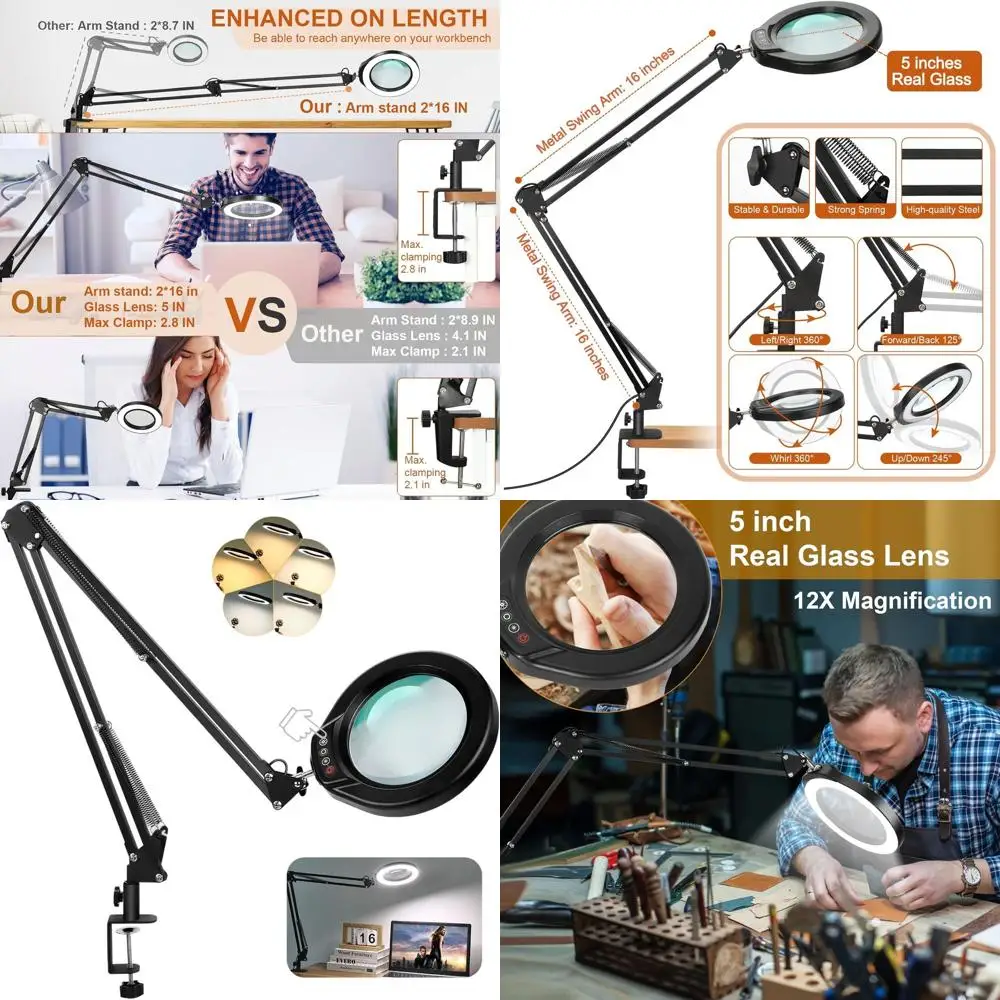 

Illuminated 12X Magnifier with Adjustable Clamp Desk Lamp for Detailed Work and Crafts