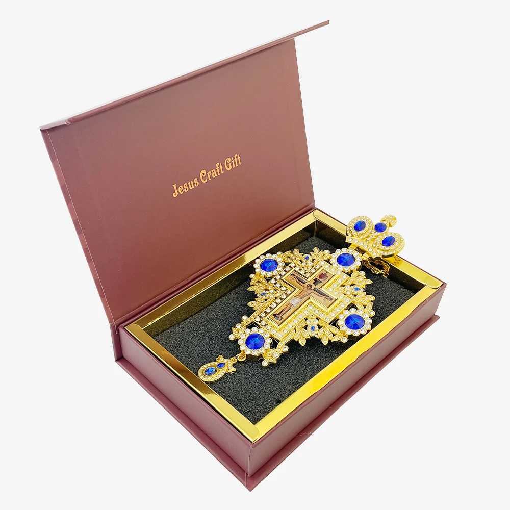 New Orthodox Pectoral Cross Necklace Gold Plated Jeweled Crown Crucifix Jesus Holy Red Blue Green Priest Bishop Church Gift