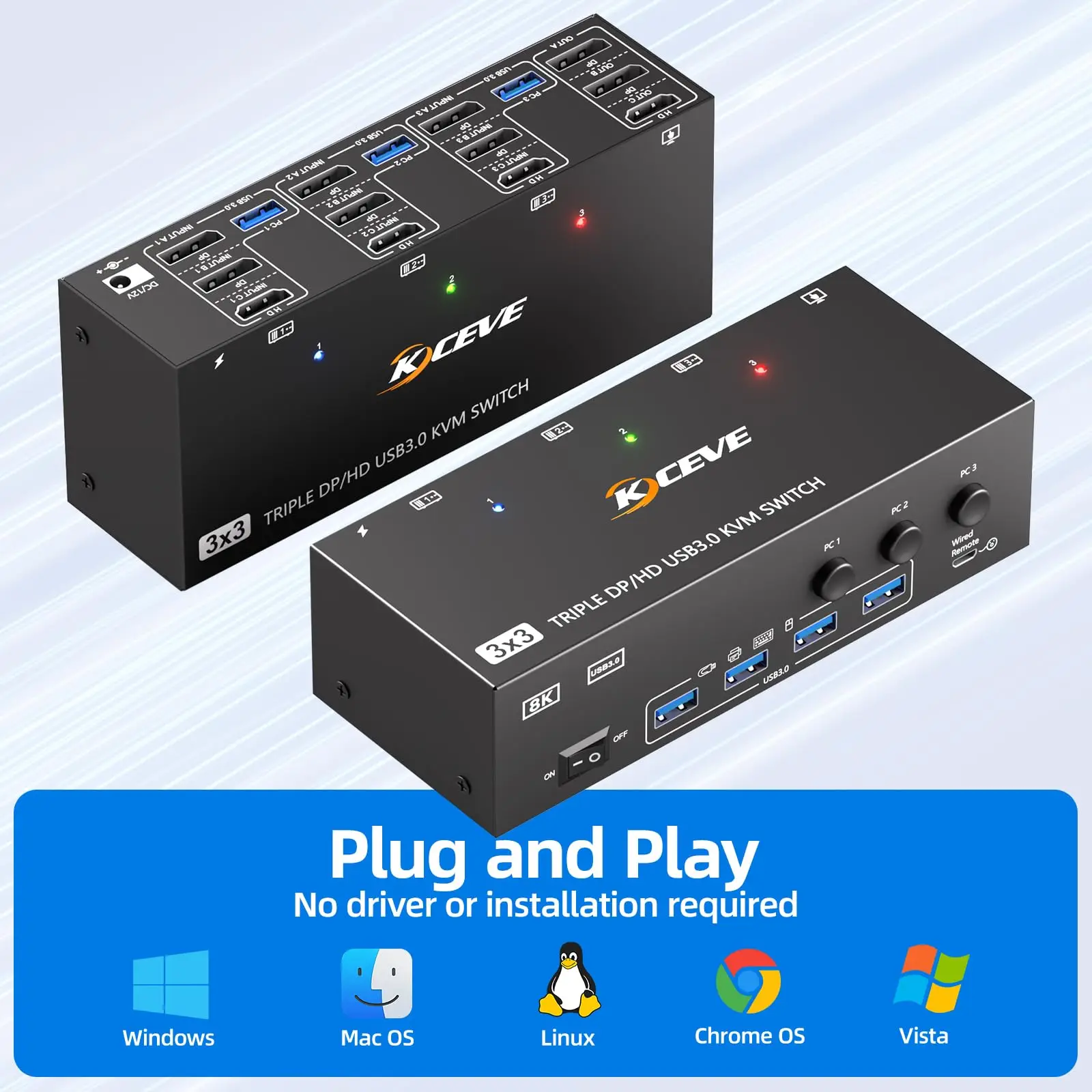 

KVM-переключатель HDMI + 2 Displayport, 3 монитора, 4/3/2, компьютеры, 8K при 60 Гц, 4K при 144 Гц, КВМ-переключатели с тройным монитором KCEVE и 4 портами USB3.0