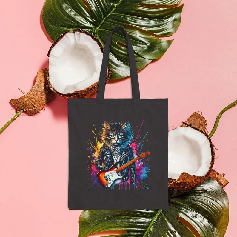 Copy of Cat Canvas tote bag Rock vintage shoulder bag rockstar cat kitten vintage handbag pet lovers
