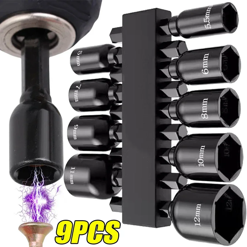 Magnetic Impact Nut Driver Set Metric Hex Socket Screwdriver Bits Chuck Adapter Socket Sleeves Replacement Power Accessories