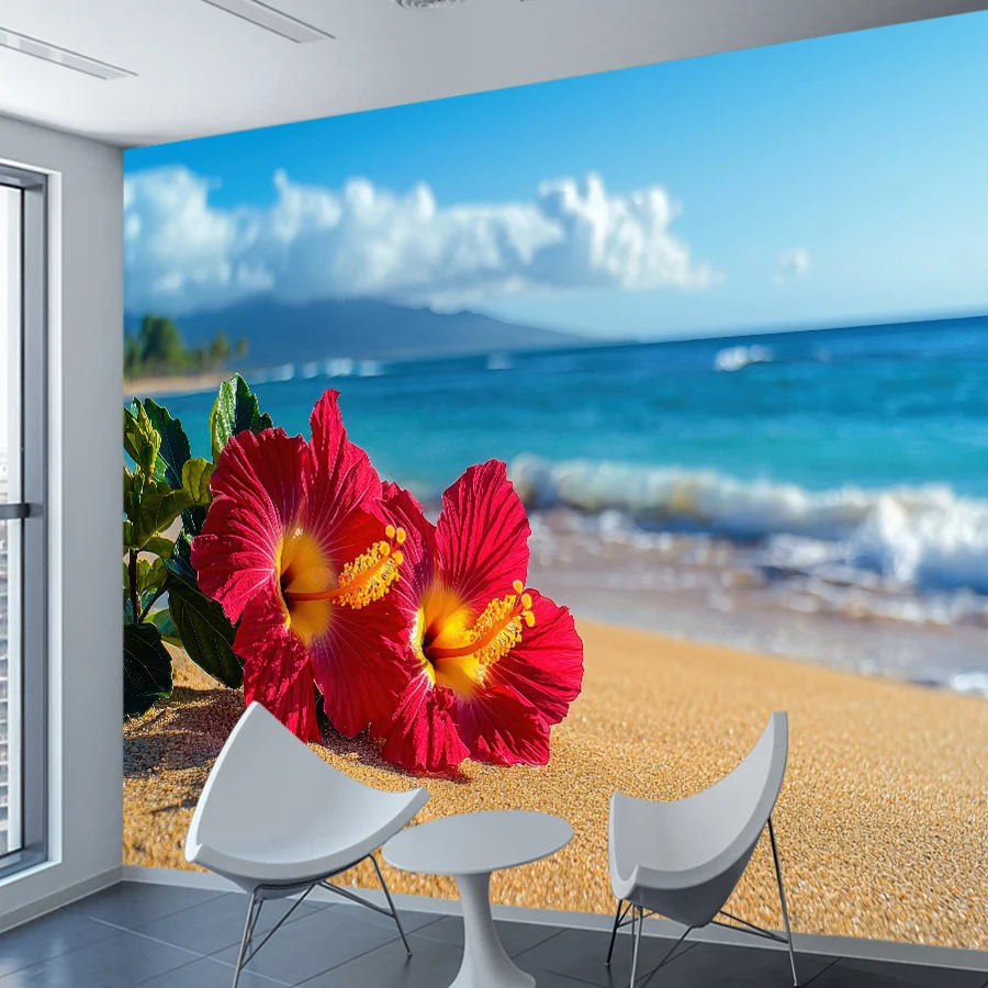 20+ Vibrant Red Flowers Tropical Beach Murals, Self Adhesive Optional, Wallpaper for Living Room Walls Art Home Decor Renovation