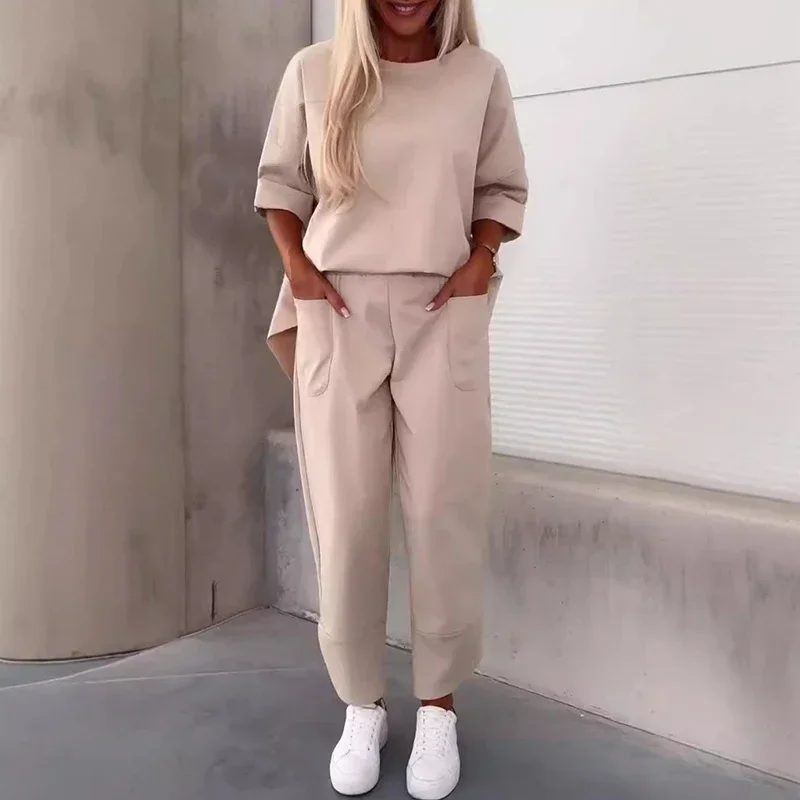 Elegant Casual Solid Two-pieces Set Spring Autumn Office Pockets Long Pant Outfits Female Casual Street Tracksuit Clothing Suit