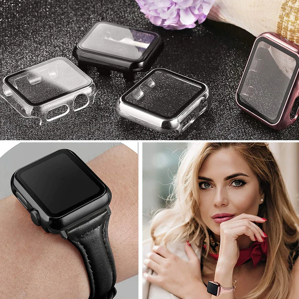 حافظة لساعة أبل سلسلة 6 5 4 3 SE 44 مللي متر 40 مللي متر 42 مللي متر 38 مللي متر ملحقات مطلية بمصد + واقي شاشة من الزجاج المقسى غطاء iWatch