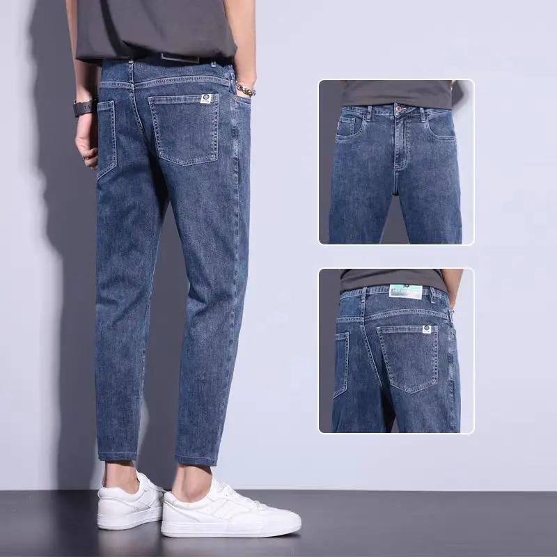 Slim Fit Men's Jeans Korean Style Cotton Stretch Denim Spring Autumn Trendy Brand Cool Looking Nine Point Pants Straight Leg