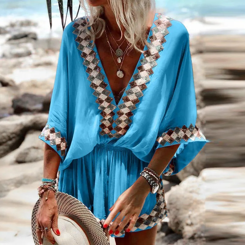 Sexy V-Ausschnitt Bohemian Print Jumps uit Büro Dame Sommer lässig kurze Overalls mit weitem Bein für Frauen bunte einteilige Stram pler