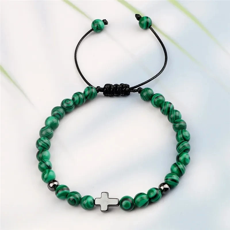 الحجر الطبيعي الخرز مضفر سوار للرجال والنساء ، Charm المسيحية ، يسوع الإسورة ، الإسورة ، الصداقة المجوهرات ، الإسورة ، الصليب ، 6 مللي متر
