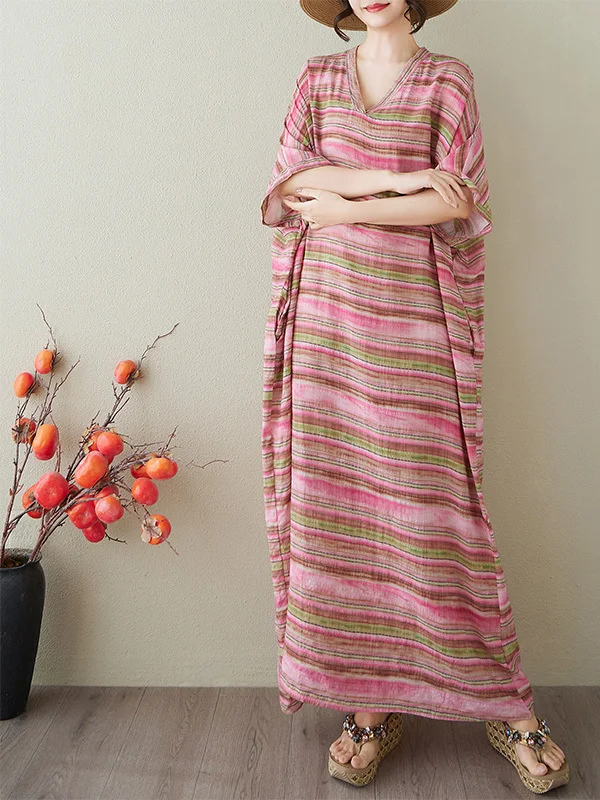 V-Ne Batwing Sve Stripe Long Dr Knee-Length Cotton Linen Blend Travel Casual Summer Floral Print Loose Fit Maxi Dr