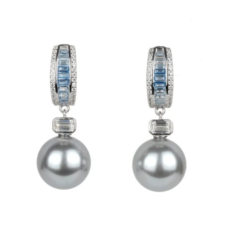 

BELLUX 925 Silver Synthetic Zircon Emerald Cut Diamond Earrings Grey Shell Pearl Luxury Fashion Earrings